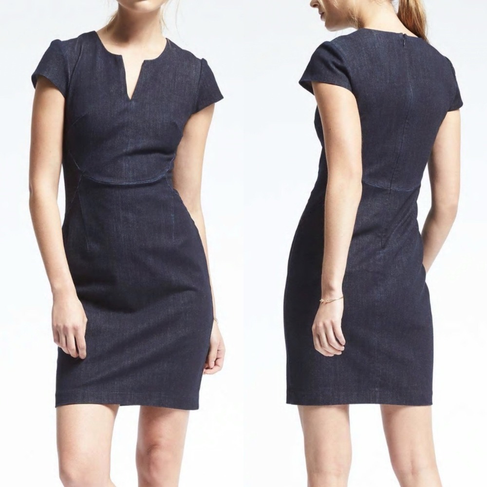 Banana Republic Sz 2‎ Dark Stretchy Denim V-Neck Cap Sleeve Career Shift Dress